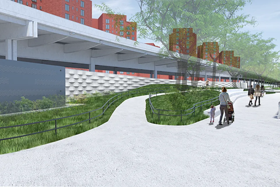 Rendering of a combination of floodwalls and floodgates will integrate into the landscape at Stuyvesant Cove Park.